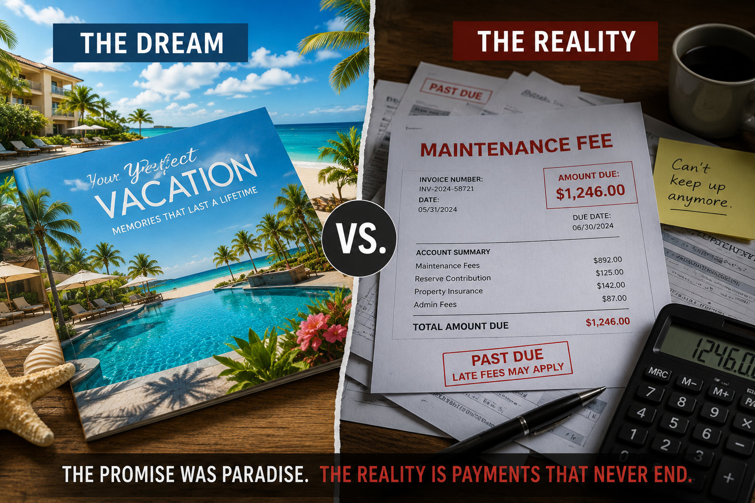 Timeshare maintenance fee invoice, deed, and special assessment notice showing why timeshare fees and legal obligations can be difficult to escape.