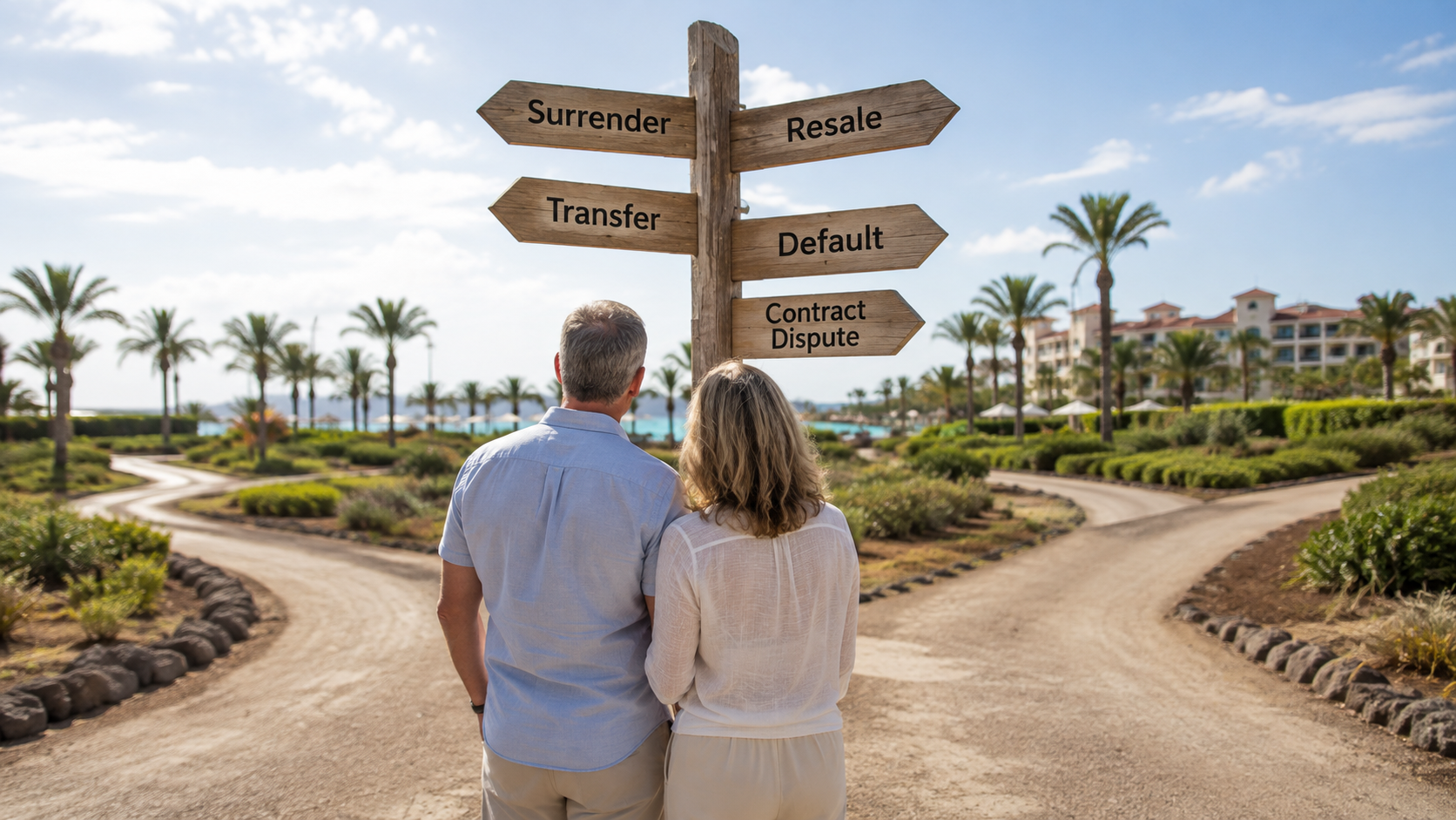 Couple comparing ways to exit their timeshare, including surrender, resale, transfer, default, and contract dispute options.